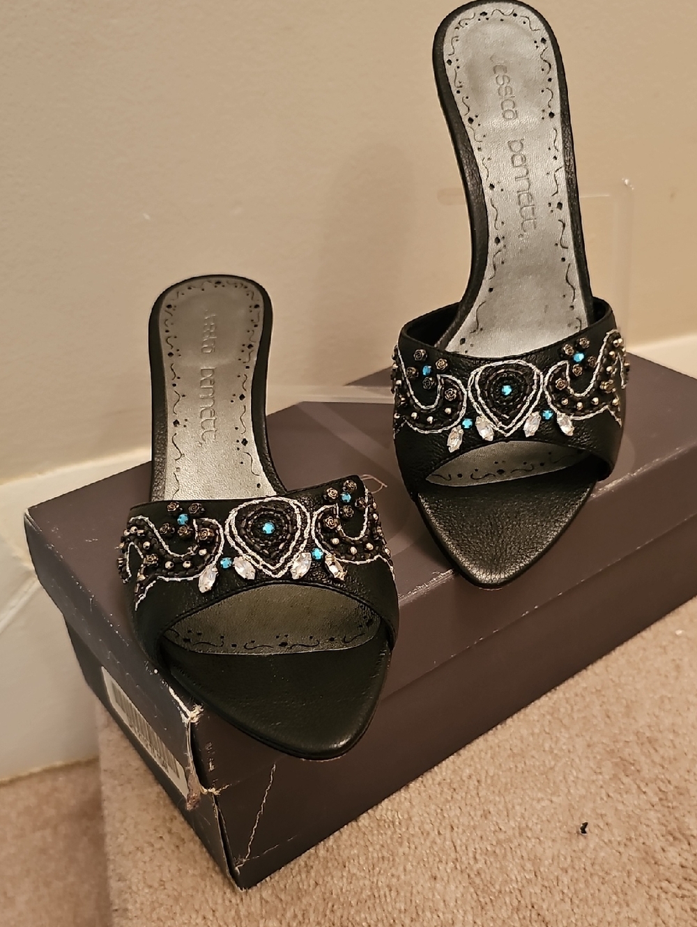 Beaded Black Open-Toe Heeled Mules